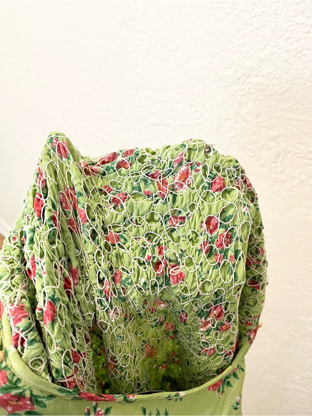 Vintage 90s Y2K Dress Green Pink Floral Beaded Smocked Cottagecore Boho Retro M - Picture 12 of 13